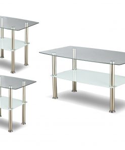 Image depicts the The 3-Piece Rectangular Glass Coffee Set, which comes with one coffee table and two end tables.