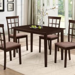 Image depicts The 5-Piece Brown Dining Set (Fabric Seats) which is a classy Espresso wood dining table with fabric cushion chairs with espresso legs.