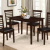 Image depicts the 5-Piece Brown Dining Set which comes with a classy wood dining table and black cushioned chairs.