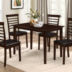 Image depicts the 5-Piece Brown Dining Set which comes with a classy wood dining table and black cushioned chairs.