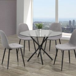 The 5-Piece Dining Set Glass Table And Grey Fabric Seats has a minimalist style and is perfect for small kitchens.