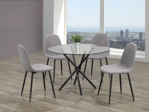 The 5-Piece Dining Set Glass Table And Grey Fabric Seats has a minimalist style and is perfect for small kitchens.
