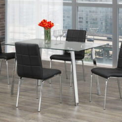 Image depicts the 5-Piece Modern Glass Rectangular Dining Set which comes with a tempered glass table with black faux leather cushioned seats.