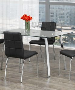 Image depicts the 5-Piece Modern Glass Rectangular Dining Set which comes with a tempered glass table with black faux leather cushioned seats.
