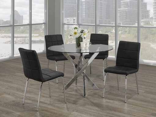 Image depicts The 5-Piece Modern Glass Round Dining Set which comes with a circular tempered glass table with four cushion seats.