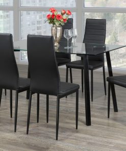 Image depicts a 7-Piece Dining Set which comes with a clear glass table and black cushioned seats made with faux leather.