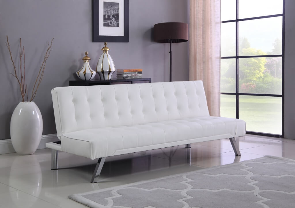 White Click Clack Faux Leather Futon Sofa Bed with Wooden Legs– Qolture