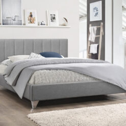 Image depicts the Moncton Modern Platform Bed which is a luxurious Queen-size bed with grey-tufted upholstered fabric headboard and chrome legs.