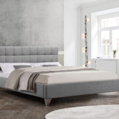 Image depicts the Moncton Modern Platform Bed which comes with a square-designed headboard and comes in either Queen or double sizes.