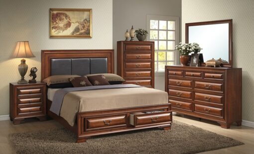 Image depicts the The Christina High End Bedroom Set which comes with a King or Queen-size bed and a chest, dresser, night stand, and mirror.
