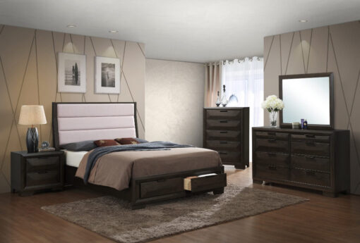 Image depicts the The Emma High End Bedroom Set which comes with a King or Queen-sized bed and a chest, dresser, night stand, and mirror.