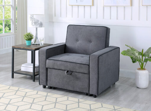 Image depicts the Greece Dark Grey Sofa Bed - One Seater which comes with a black piping style that converts into a single sofa bed.