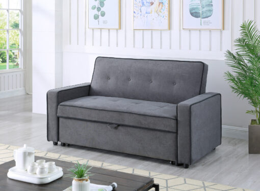 Image depicts The Greece Dark Grey Sofa Bed - Two Seater, which comes with a black piping style and converts into a sofa bed.