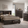 Image depicts the The Laura High End Bedroom Set which comes with a King or Queen-size bed and a dresser, chest, night stand, and mirror.