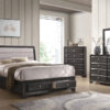 Image depicts the The Natalie High End Bedroom Set, which comes with a King or Queen-size bed and a chest, dresser, night stand and mirror.