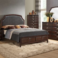 Image depicts The Nina High End Bedroom Set which comes with a King or Queen-sized bed and a dresser, chest, night stand, and mirror.