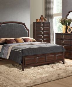 Image depicts The Nina High End Bedroom Set which comes with a King or Queen-sized bed and a dresser, chest, night stand, and mirror.