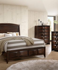 Image depicts the The Roxy High End Bedroom Set which comes with a King or Queen-sized bed and a dresser, chest, night stand, and mirror.