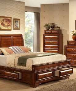 Image depicts the The Sofia High End Bedroom Set which comes with a King or Queen-size bed and a dresser, chest, night stand, and mirror.