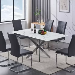 Molly 7 pc white marble glass top dining set grey seats