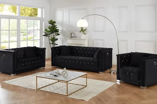 Royal 3 piece velvet fabric sofa set black