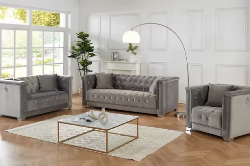 Royal 3 piece velvet fabric sofa set grey